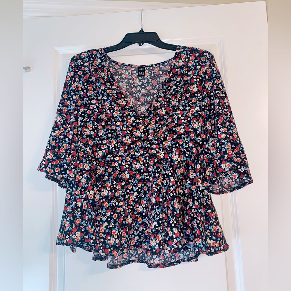 Shein Black Floral Bell Sleeve Blouse